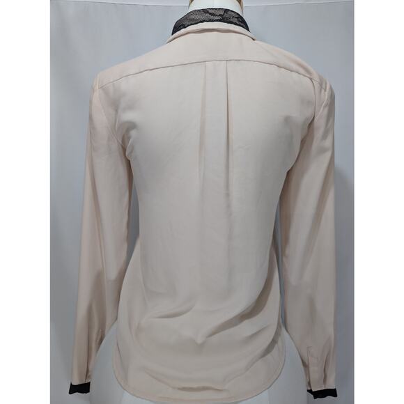 Ann Taylor LOFT Blouse XS Cream Black Lace Trim Bow Neck Long Sleeve - Picture 4 of 8